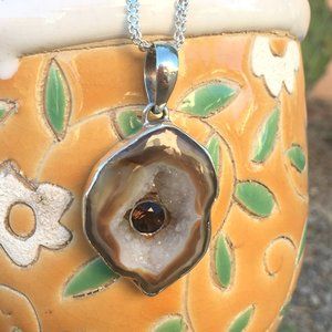 Caramel Agate Druzy .925 Pendant with Smokey Quartz Sterling Silver